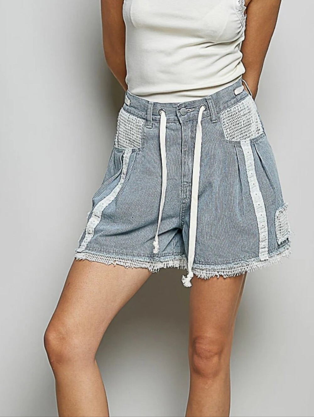 POL NWOT Blue-White Striped Patchwork Drawstring Shorts